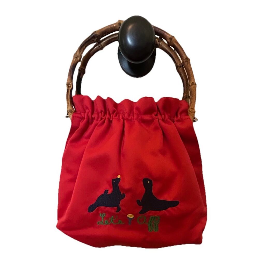 Vtg Red Canvas Embroidered “Let’s Tee Off” Hand Bag Bamboo Handles Golf Purse